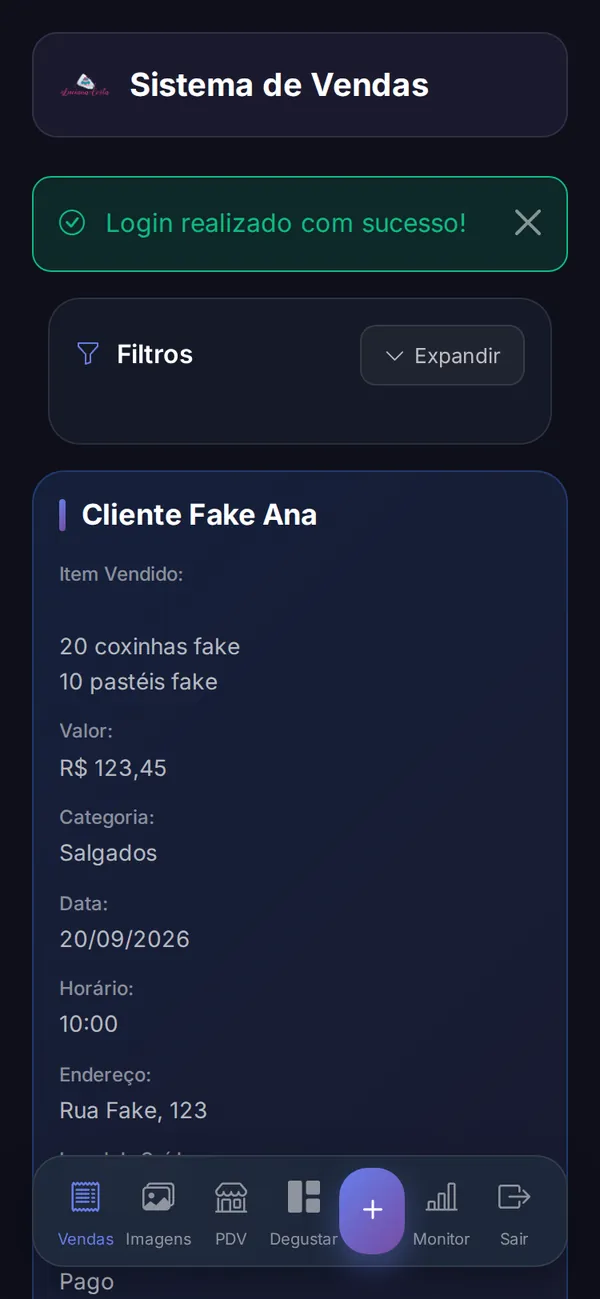 Sistema de vendas da Luciana Costa no celular